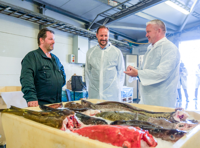 Kronprins Haakon og statsforvalter Tom Cato Karlsen på besøk hos fiskemottaket Træna Sjømat. Foto: Simen Løvberg Sund, Det kongelige hoff